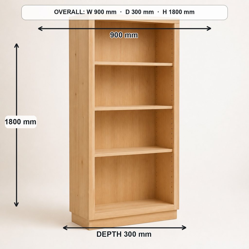 tall freestanding wooden bookcase complete three-quarter project view, overall dimensions 900 mm wide × 300 mm deep × 1800 mm high