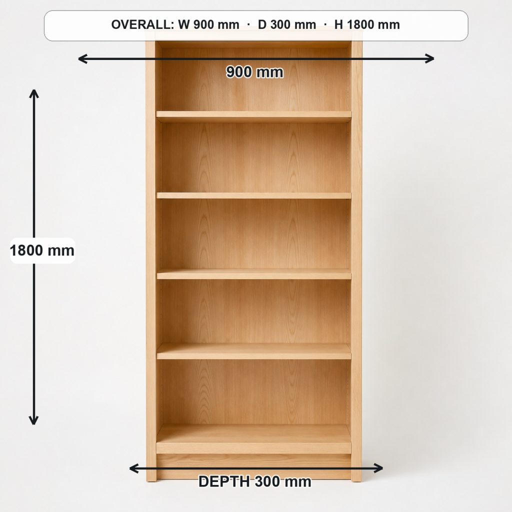 tall freestanding wooden bookcase front elevation and overall proportions, overall dimensions 900 mm wide × 300 mm deep × 1800 mm high