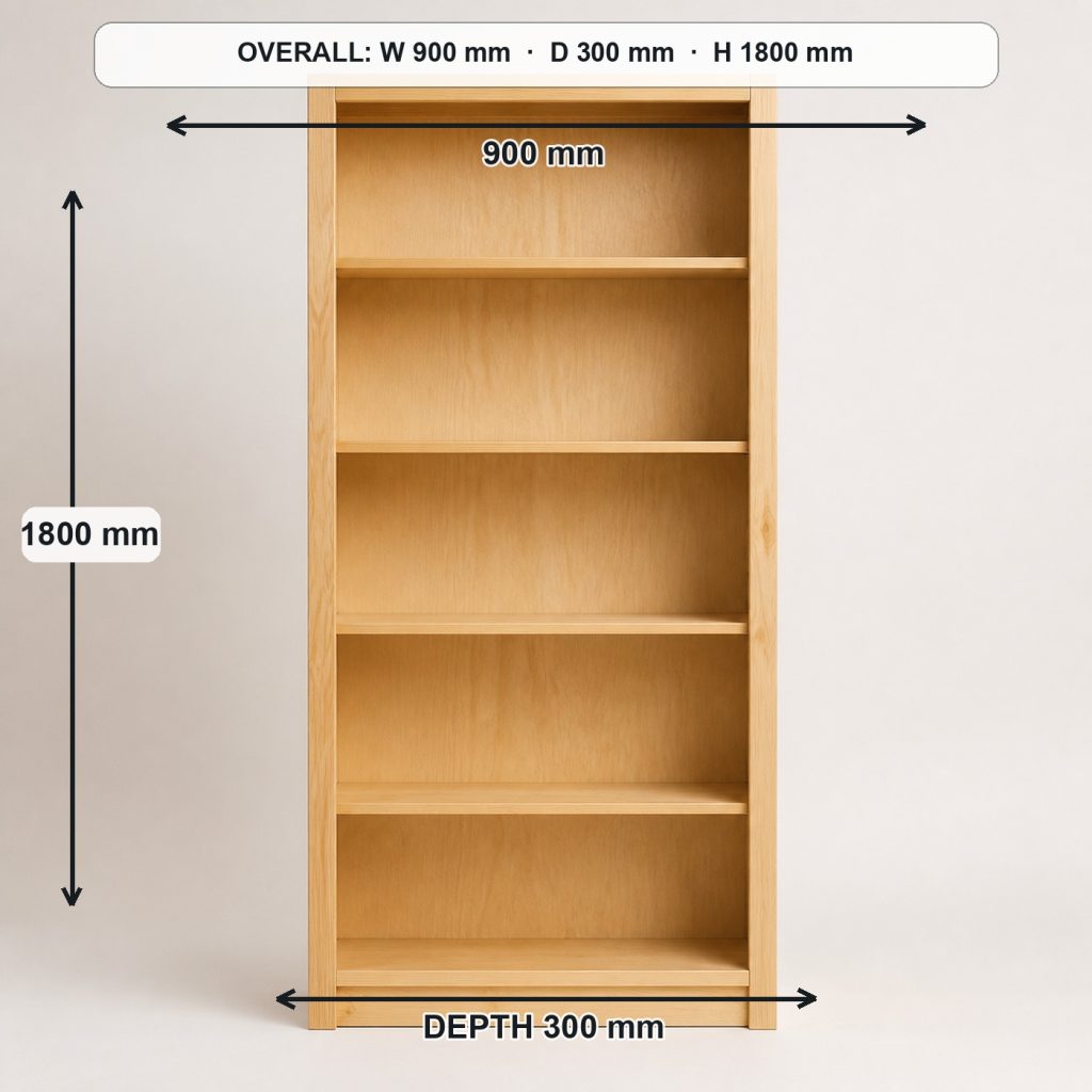 tall freestanding wooden bookcase side elevation and depth, overall dimensions 900 mm wide × 300 mm deep × 1800 mm high