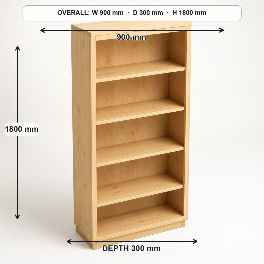 tall freestanding wooden bookcase top view and usable surface, overall dimensions 900 mm wide × 300 mm deep × 1800 mm high