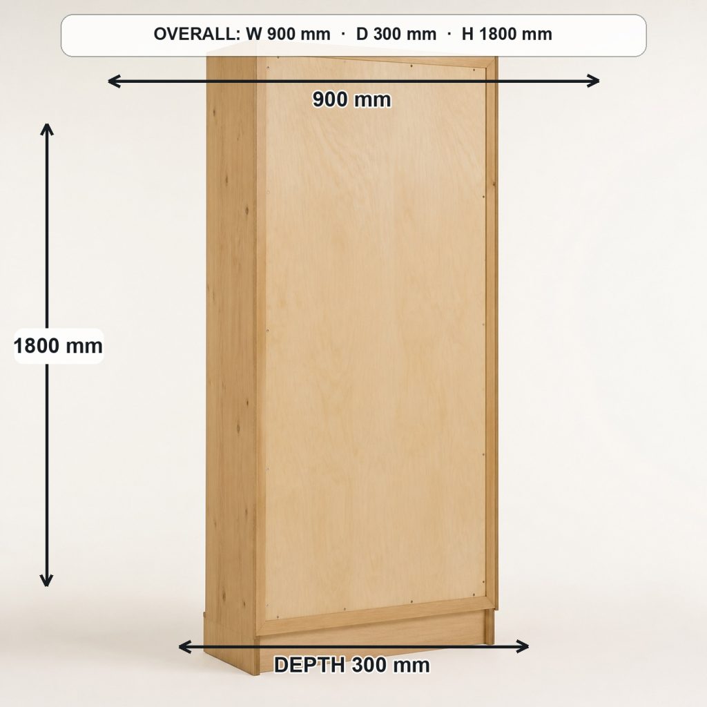 tall freestanding wooden bookcase rear construction and support, overall dimensions 900 mm wide × 300 mm deep × 1800 mm high