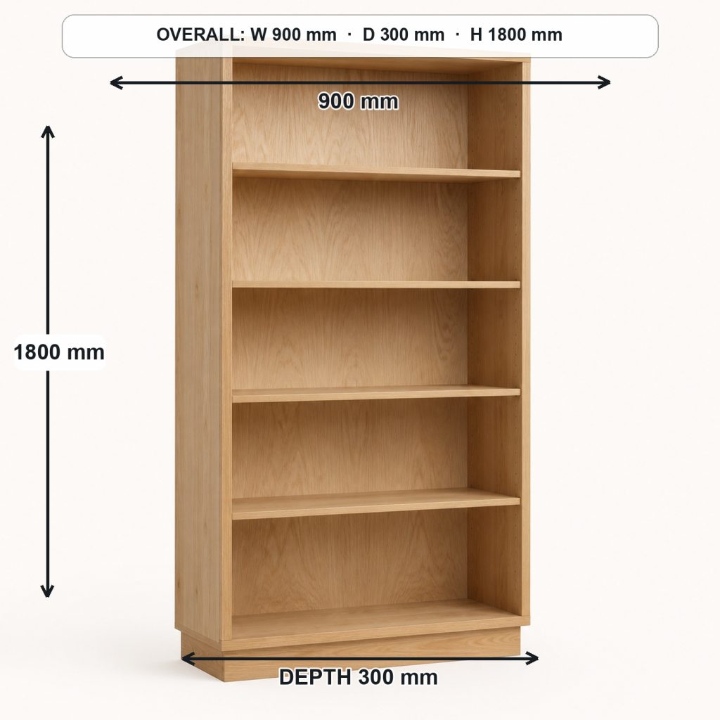 tall freestanding wooden bookcase primary joinery detail, overall dimensions 900 mm wide × 300 mm deep × 1800 mm high