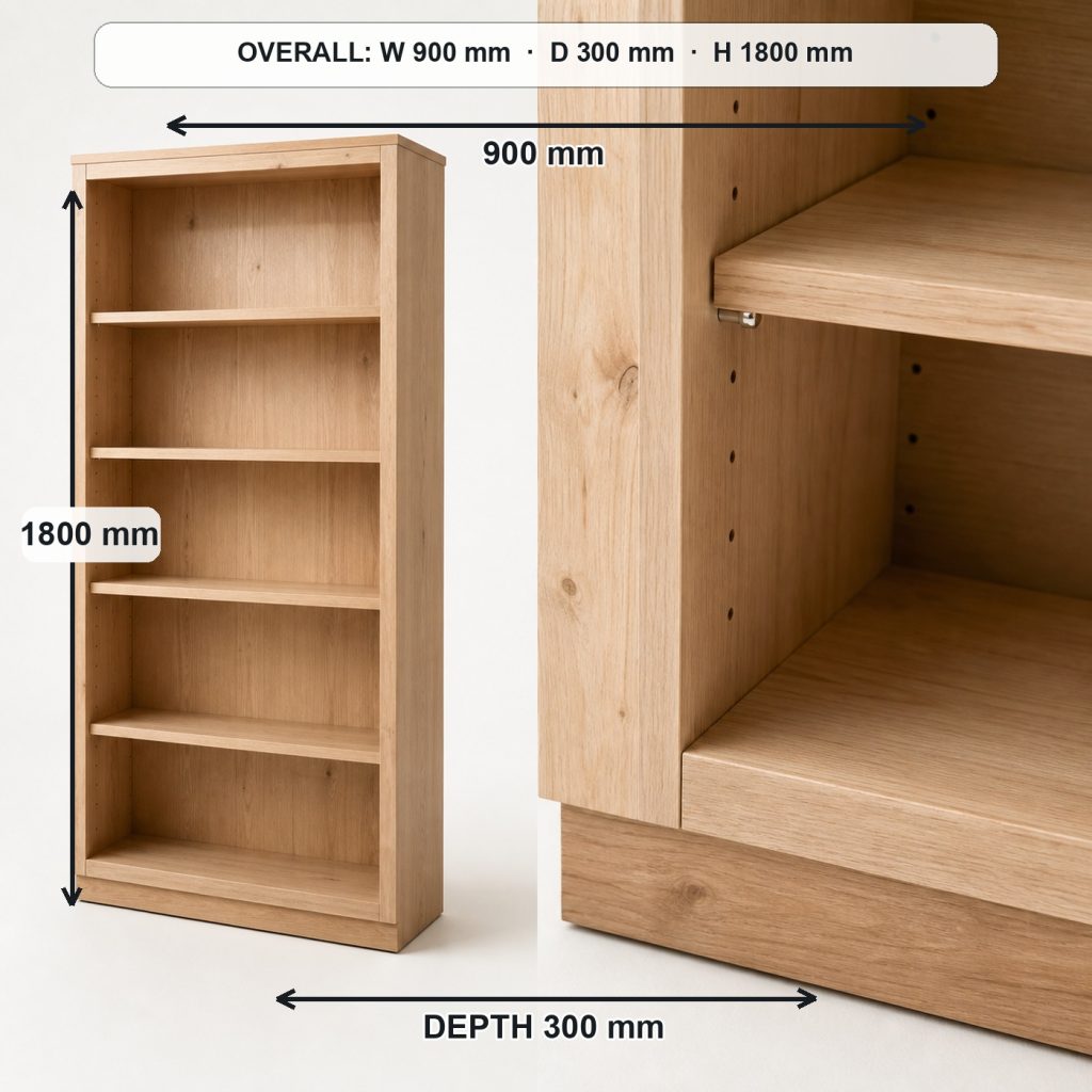 tall freestanding wooden bookcase storage or functional detail, overall dimensions 900 mm wide × 300 mm deep × 1800 mm high