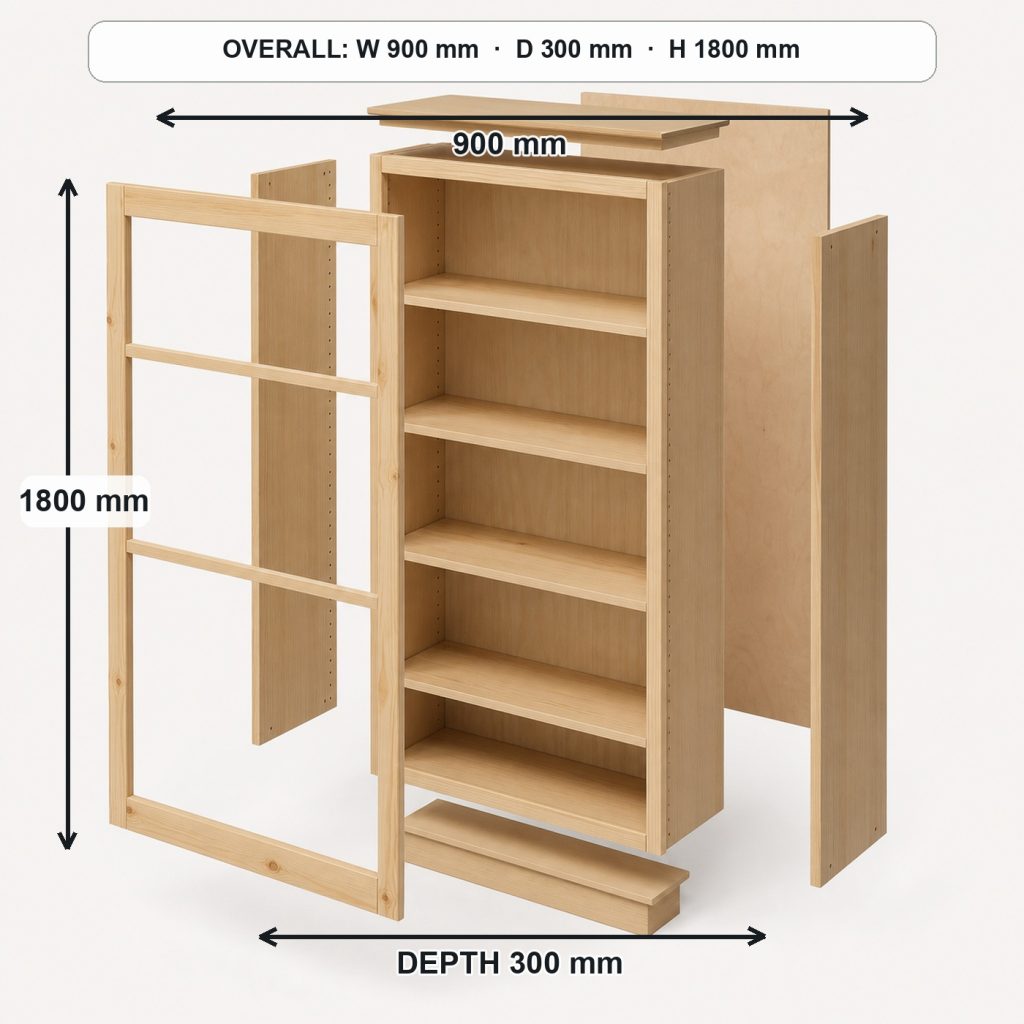 tall freestanding wooden bookcase exploded construction overview, overall dimensions 900 mm wide × 300 mm deep × 1800 mm high