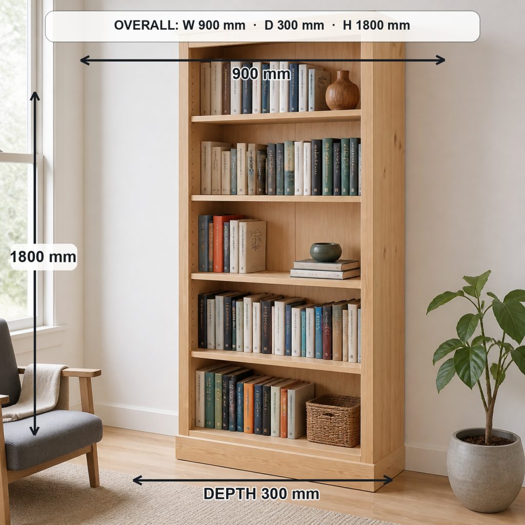 tall freestanding wooden bookcase project shown in a real room, overall dimensions 900 mm wide × 300 mm deep × 1800 mm high