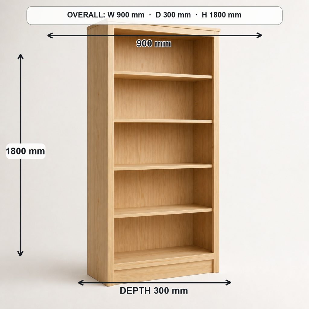 tall freestanding wooden bookcase finished project variation, overall dimensions 900 mm wide × 300 mm deep × 1800 mm high