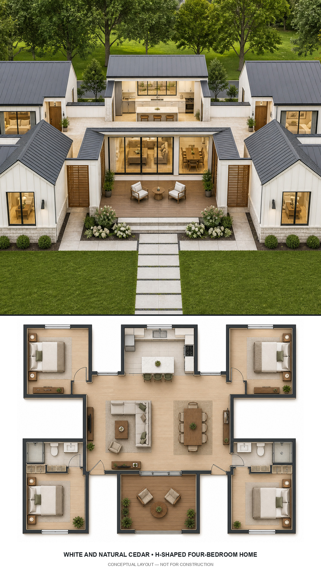 White and Natural Cedar H-Shaped Four-Bedroom Home exterior and furnished conceptual floor plan
