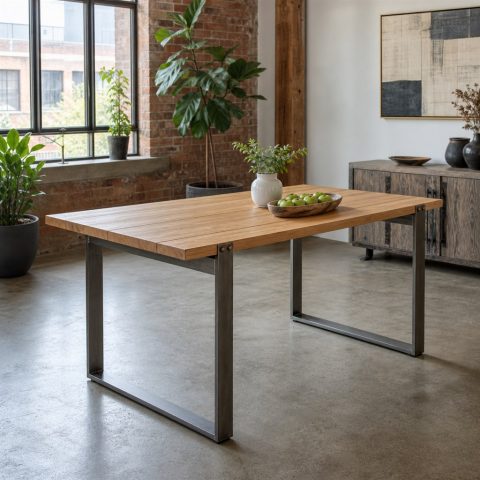 Outdoor Teak Dining Table With a Galvanized Steel Base
