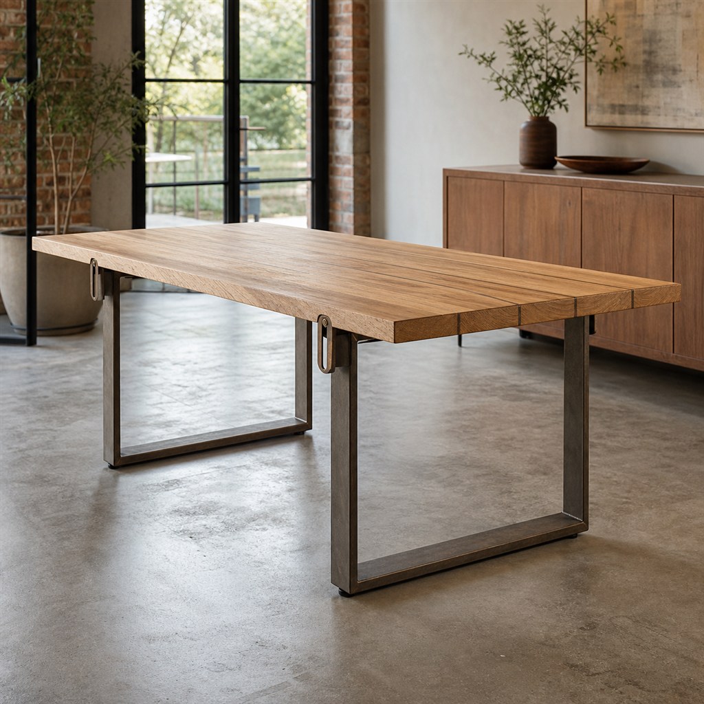 Outdoor Teak Dining Table With a Galvanized Steel Base - alternate full view