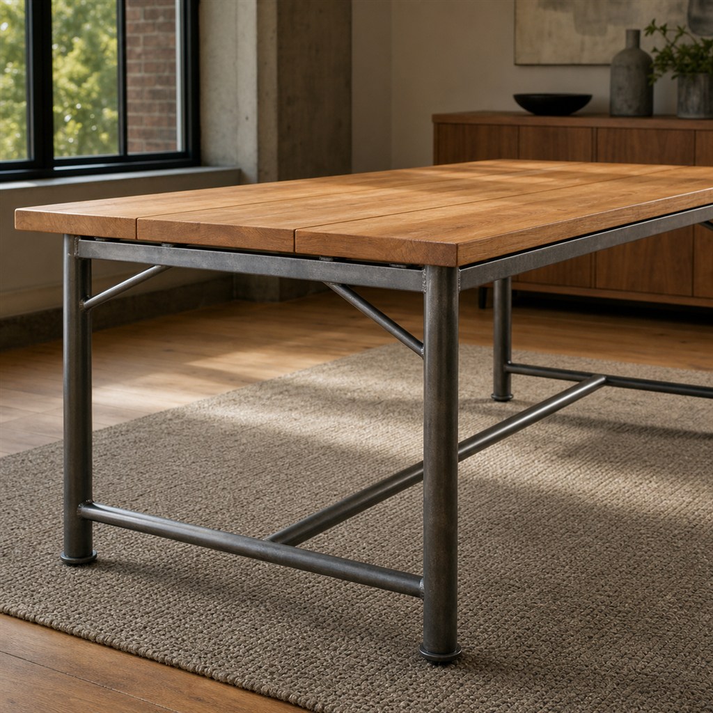 Outdoor Teak Dining Table With a Galvanized Steel Base - steel-frame detail