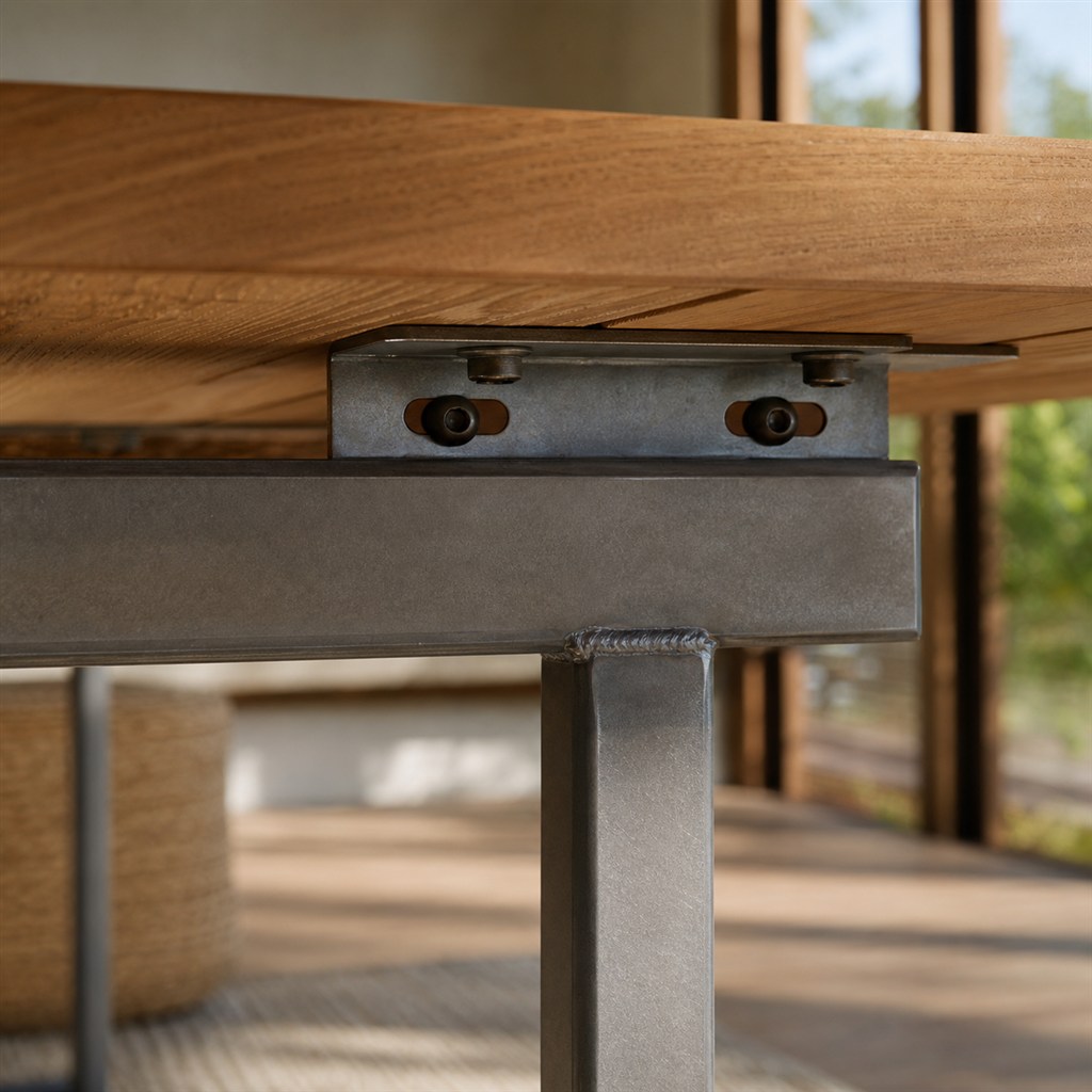 Outdoor Teak Dining Table With a Galvanized Steel Base - wood-to-steel interface detail