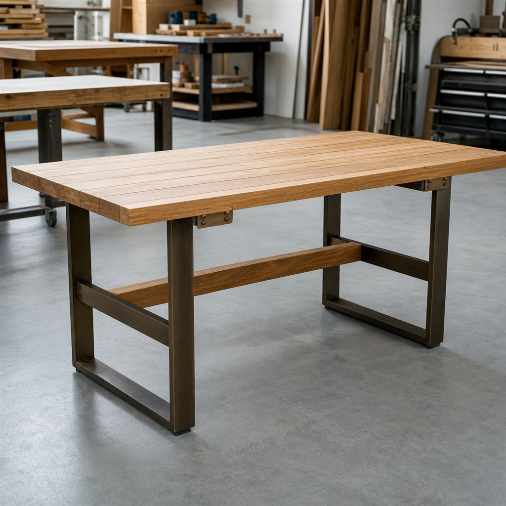 Outdoor Teak Dining Table With a Galvanized Steel Base - workshop dry-assembly view