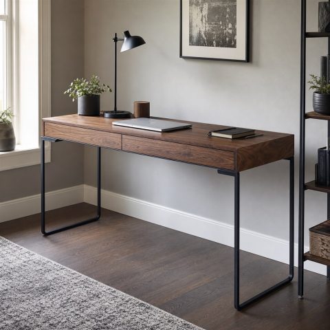 Walnut Writing Desk With Slim Steel Loop Legs
