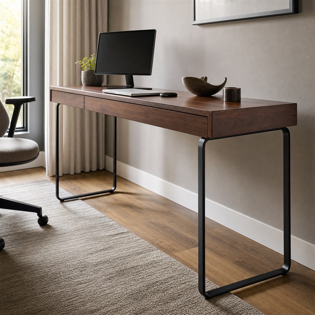 Walnut Writing Desk With Slim Steel Loop Legs - alternate full view