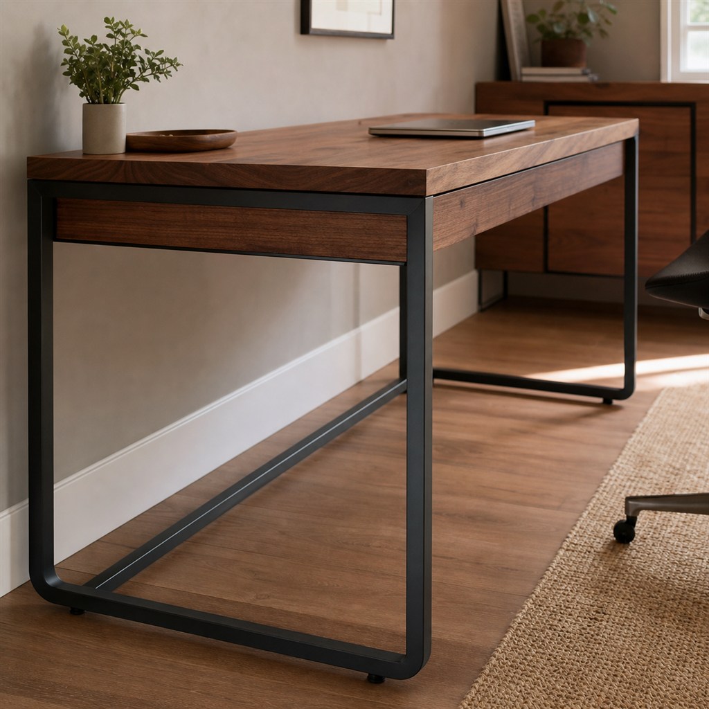 Walnut Writing Desk With Slim Steel Loop Legs - steel-frame detail