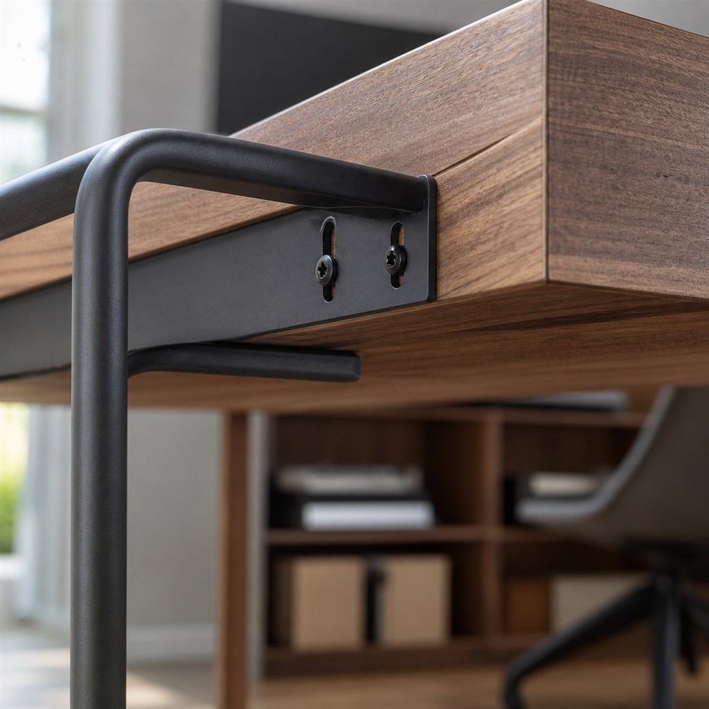 Walnut Writing Desk With Slim Steel Loop Legs - wood-to-steel interface detail