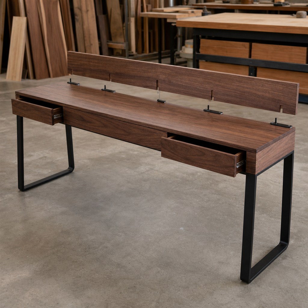 Walnut Writing Desk With Slim Steel Loop Legs - workshop dry-assembly view
