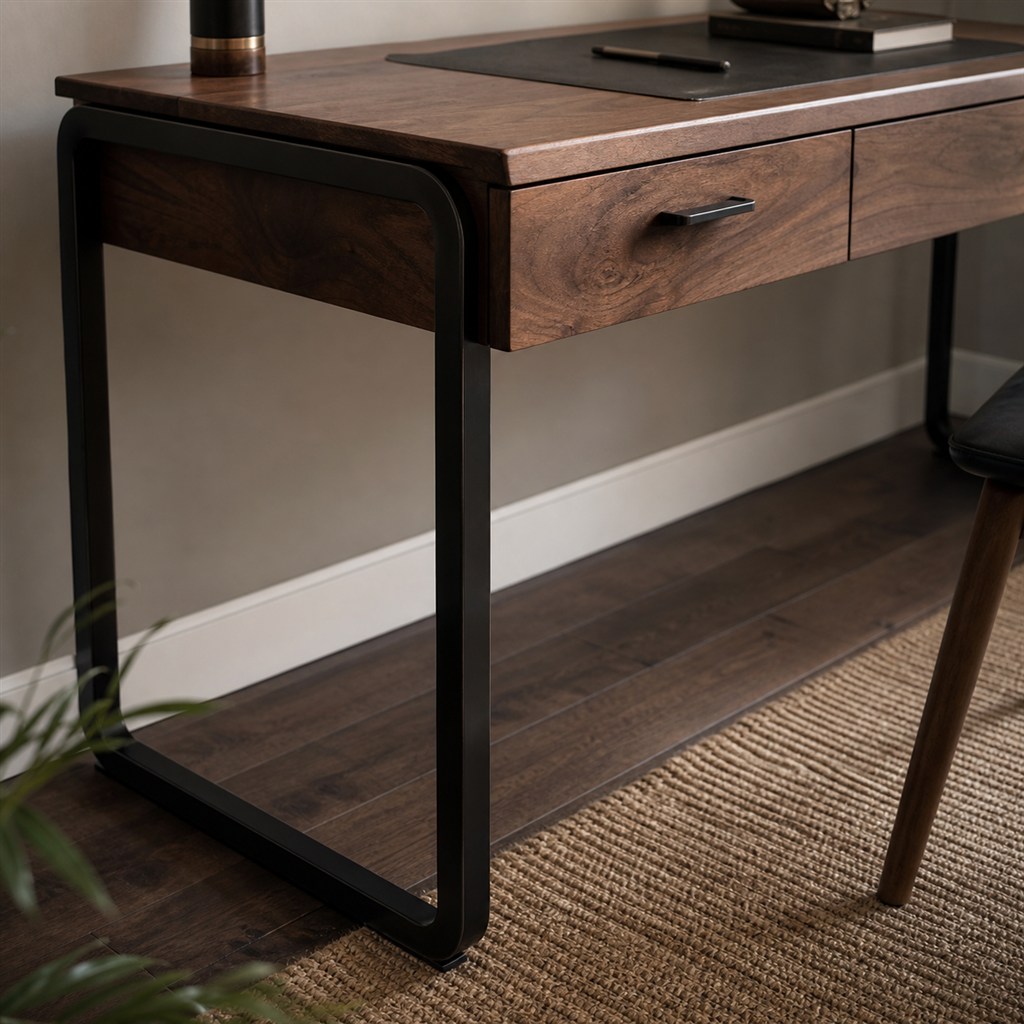 Walnut Writing Desk With Slim Steel Loop Legs - finished material detail