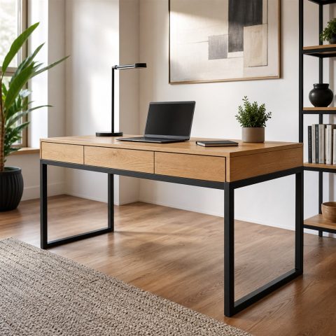 White Oak Executive Desk With a Cable-Hiding Steel Frame