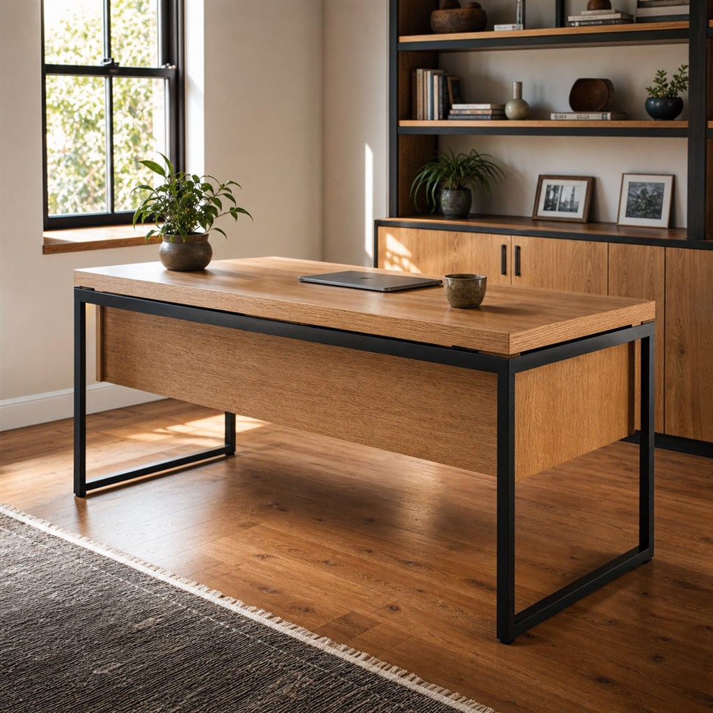 White Oak Executive Desk With a Cable-Hiding Steel Frame - alternate full view