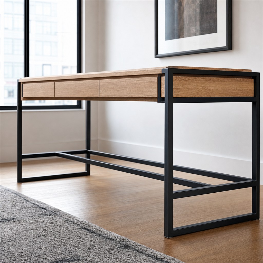 White Oak Executive Desk With a Cable-Hiding Steel Frame - steel-frame detail