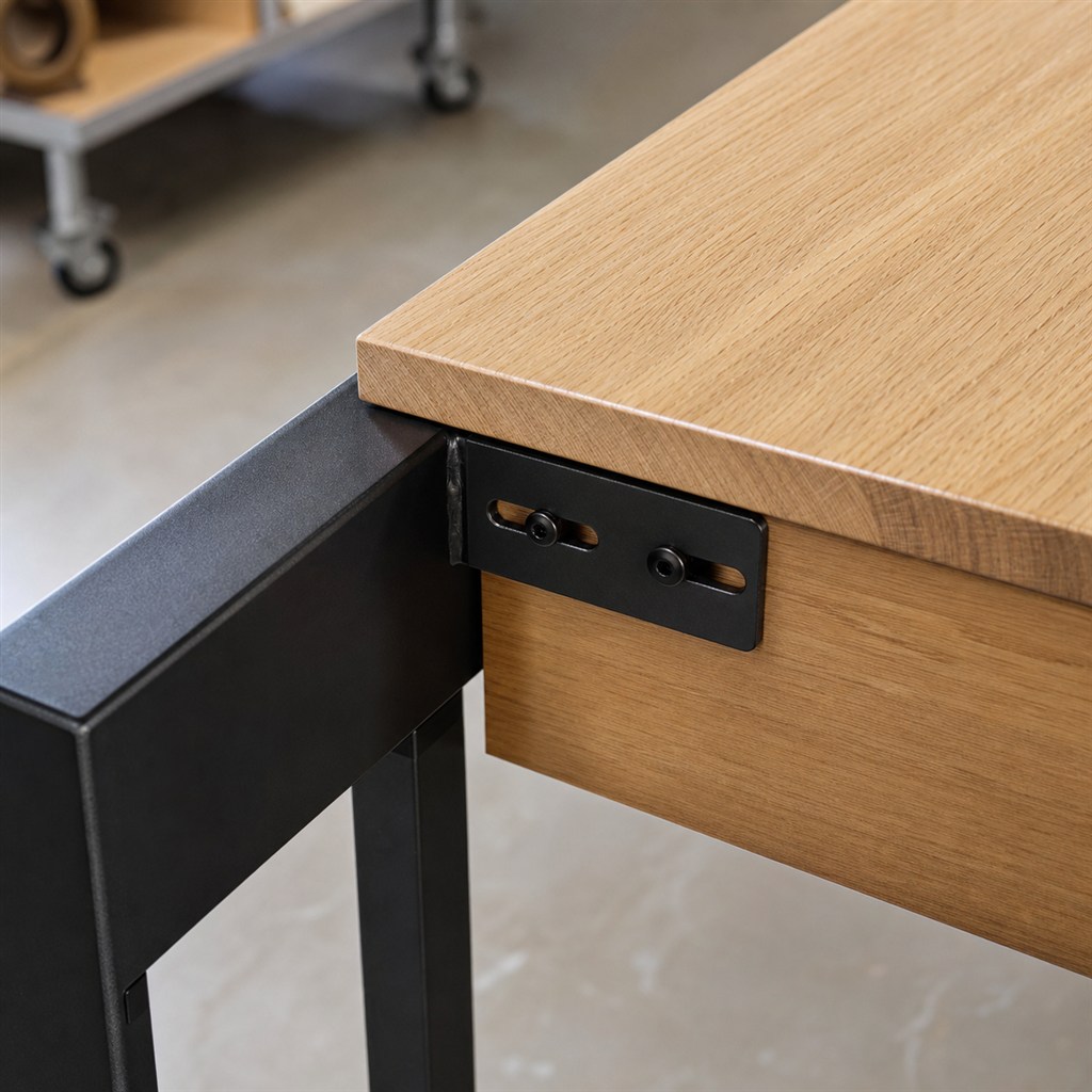 White Oak Executive Desk With a Cable-Hiding Steel Frame - wood-to-steel interface detail