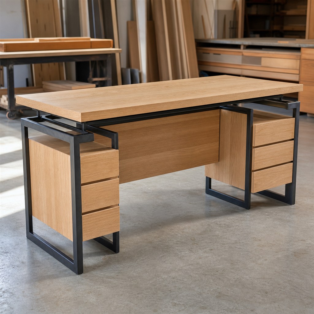 White Oak Executive Desk With a Cable-Hiding Steel Frame - workshop dry-assembly view