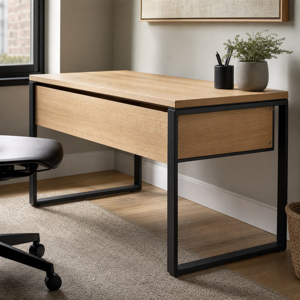 White Oak Executive Desk With a Cable-Hiding Steel Frame - finished material detail