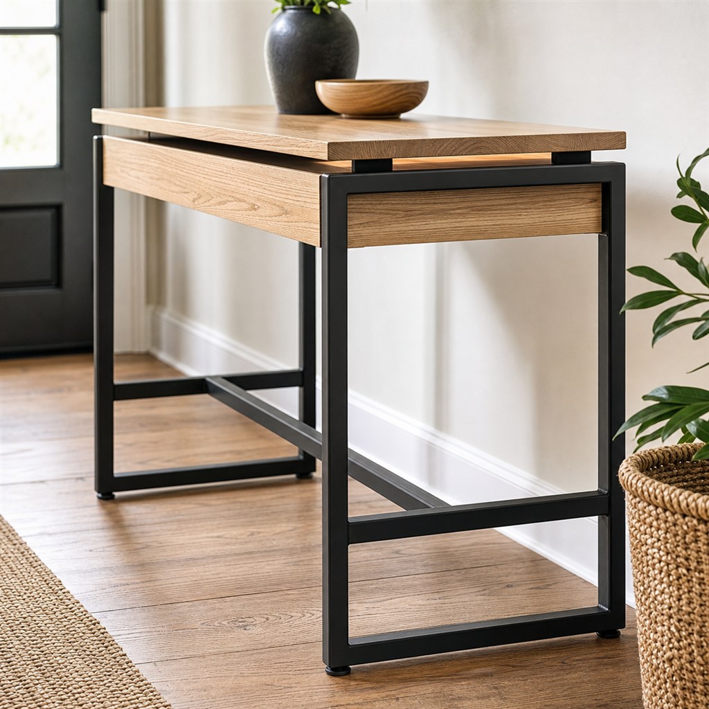 Floating-Top Desk With a Black Steel Shadow Frame - steel-frame detail