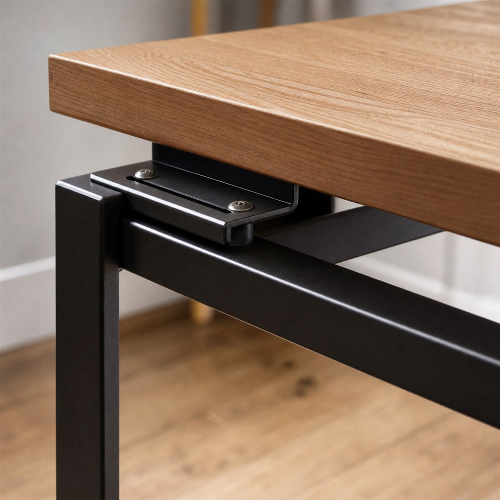 Floating-Top Desk With a Black Steel Shadow Frame - wood-to-steel interface detail