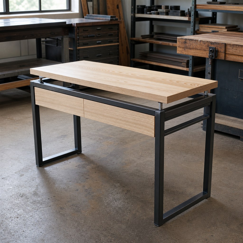 Floating-Top Desk With a Black Steel Shadow Frame - workshop dry-assembly view