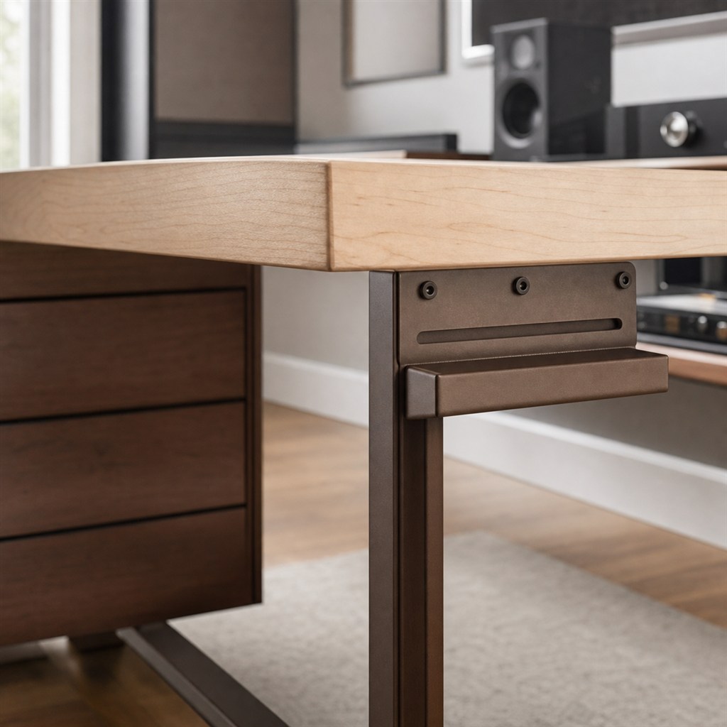L-Shaped Work Desk With Modular Steel Supports - wood-to-steel interface detail