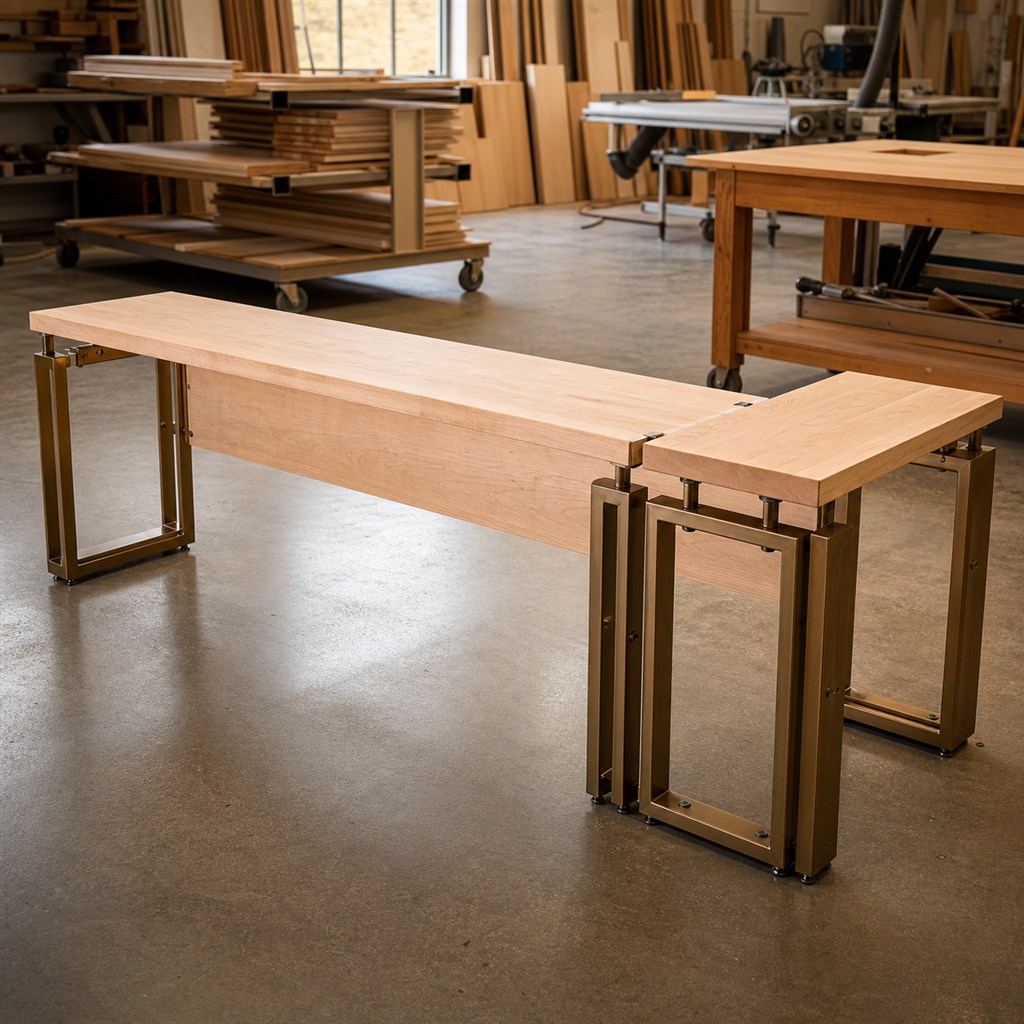 L-Shaped Work Desk With Modular Steel Supports - workshop dry-assembly view