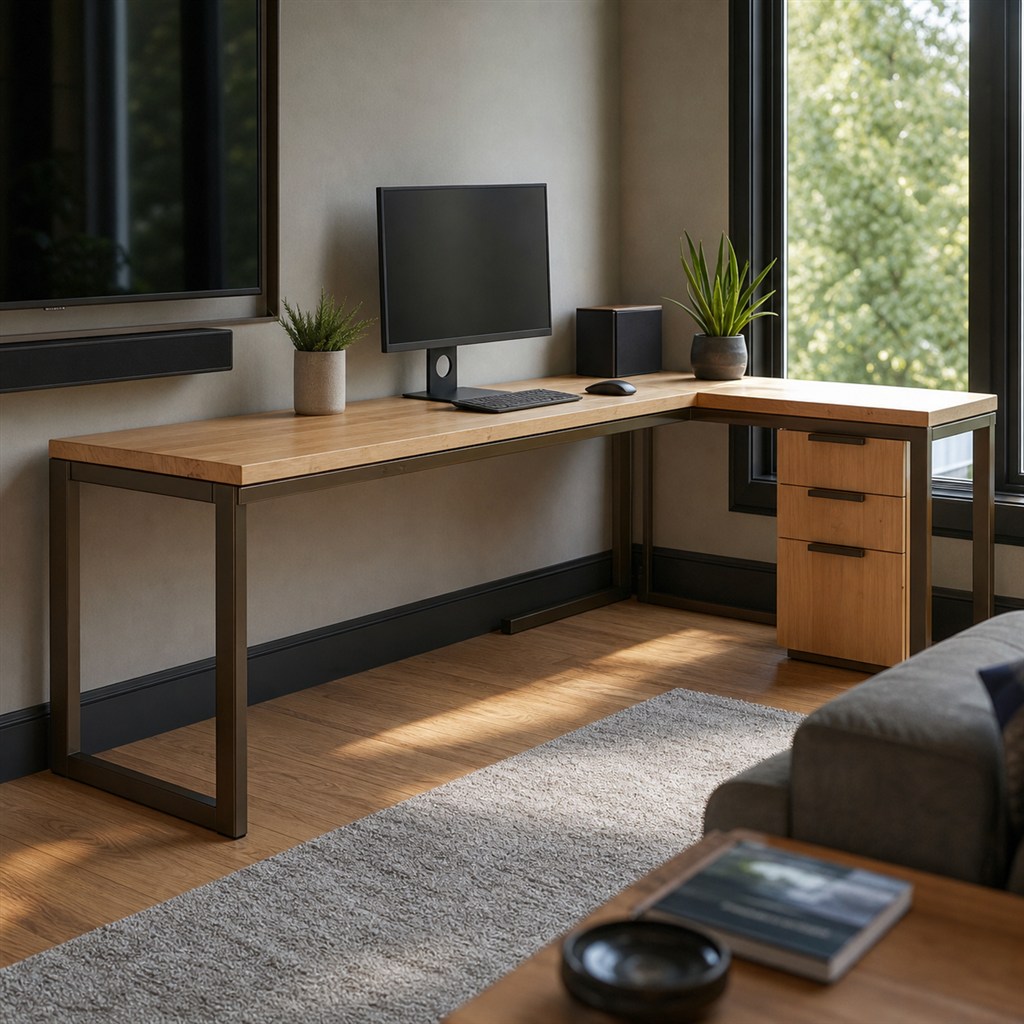 L-Shaped Work Desk With Modular Steel Supports - finished material detail