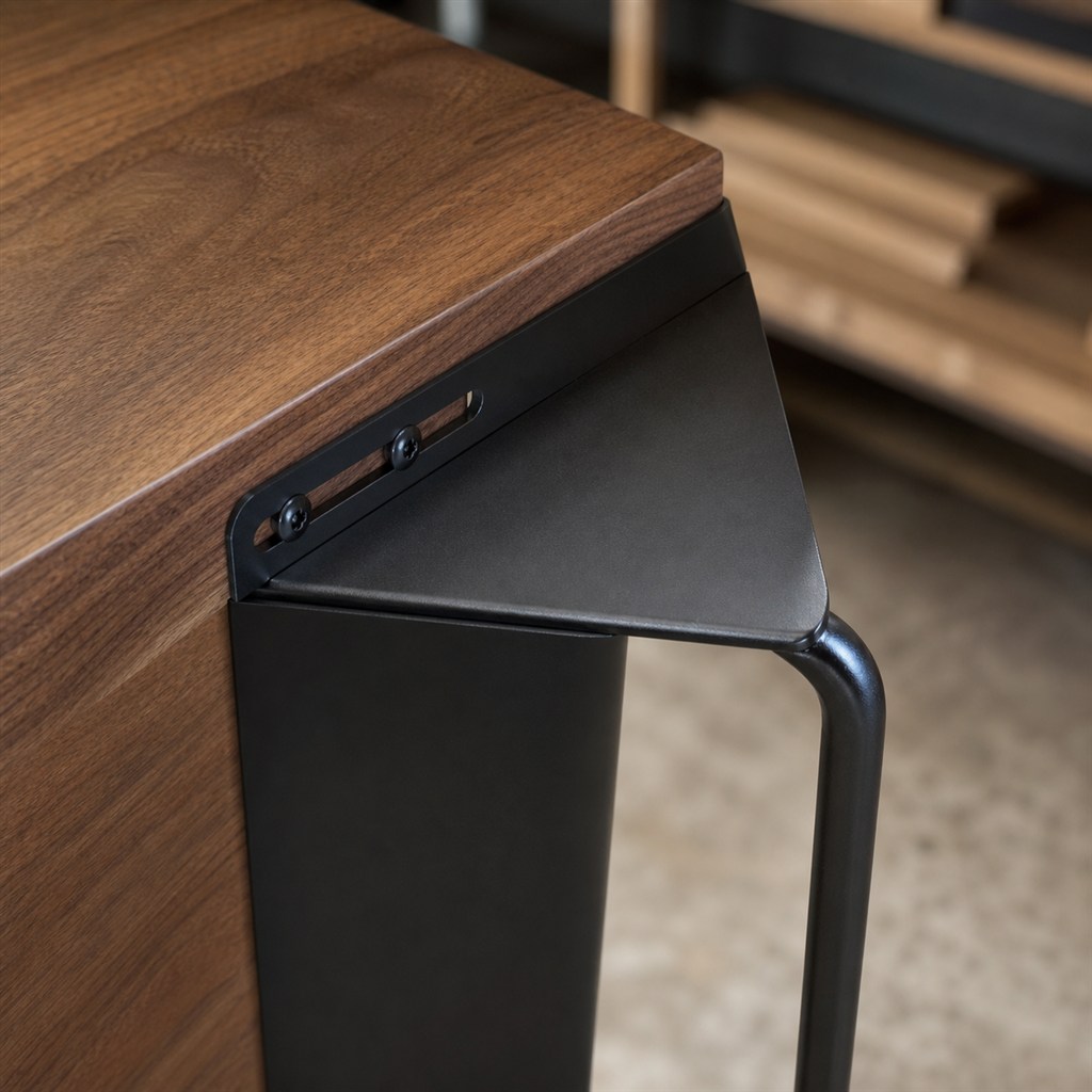 Compact Laptop Desk With Folded Steel Side Panels - wood-to-steel interface detail