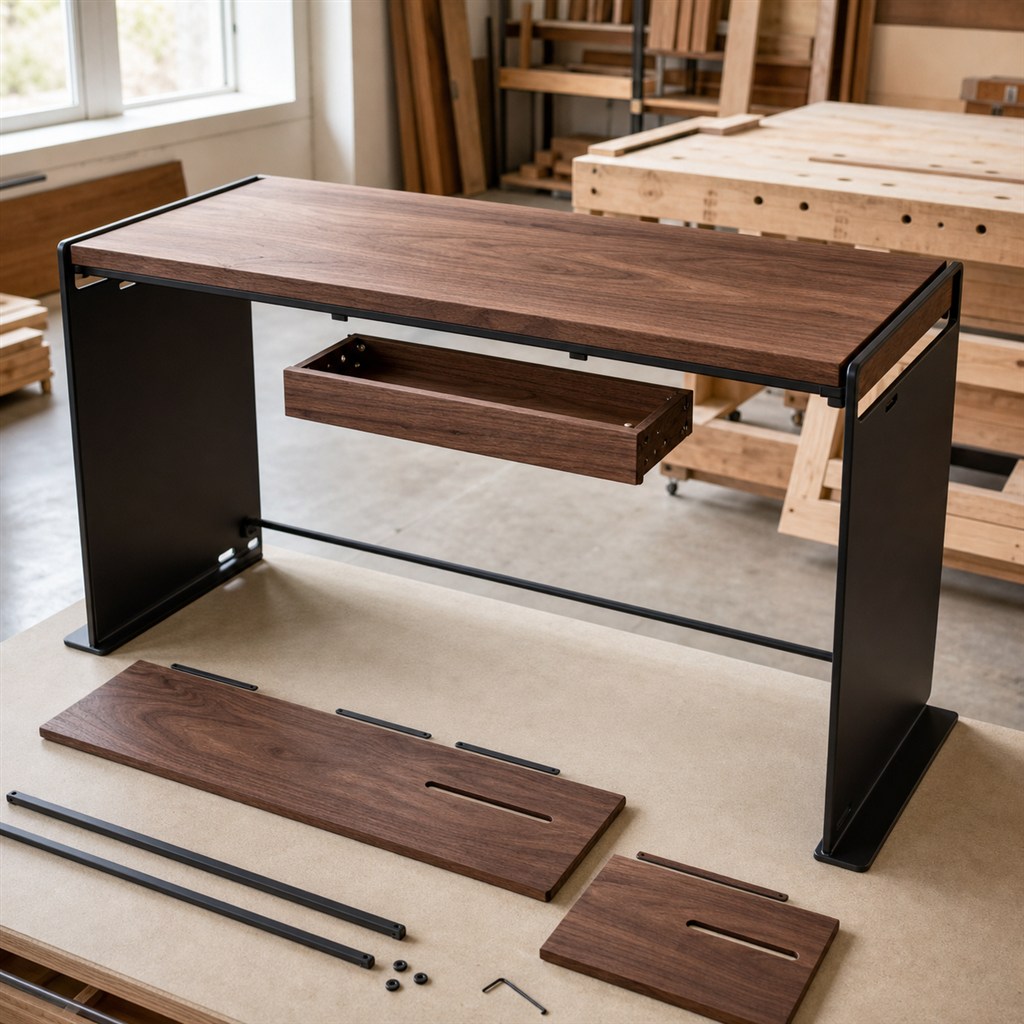 Compact Laptop Desk With Folded Steel Side Panels - workshop dry-assembly view