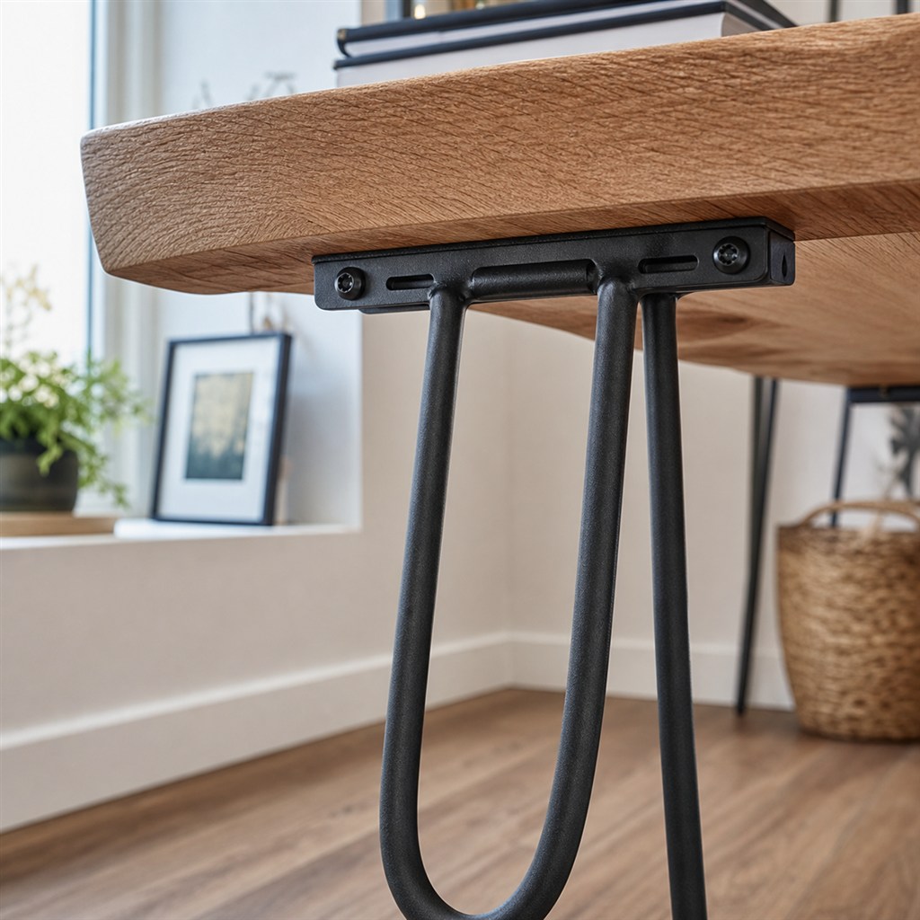 Live-Edge Console Table With Hairpin Steel Legs - wood-to-steel interface detail