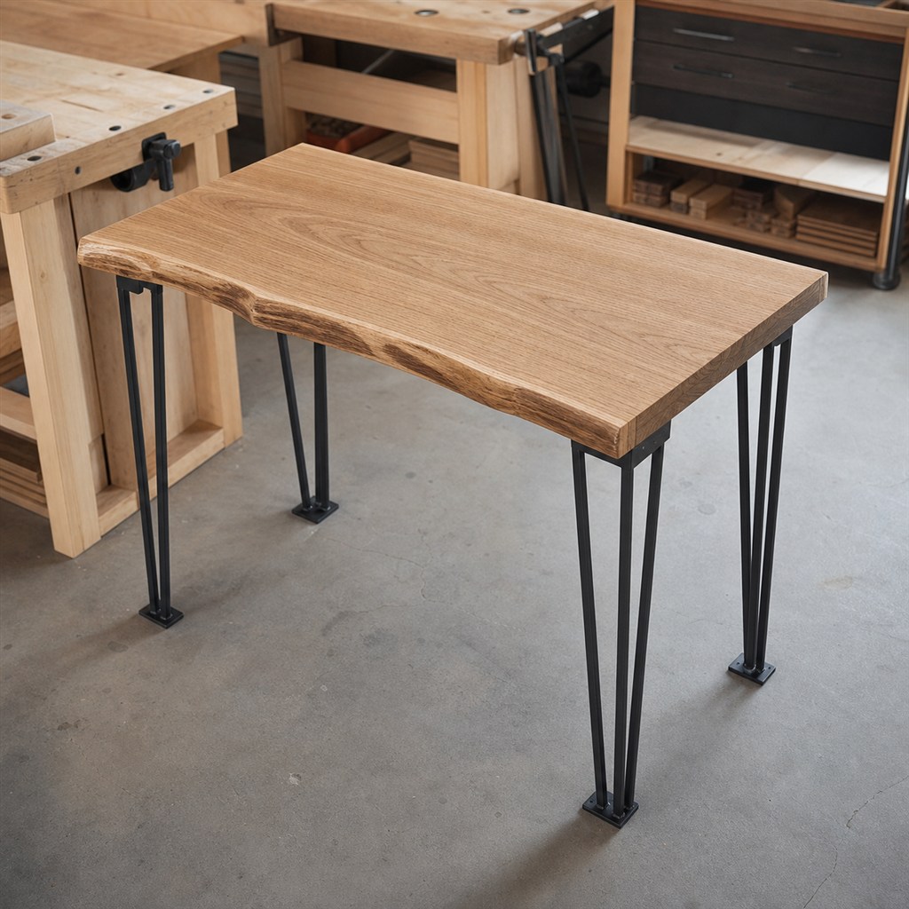 Live-Edge Console Table With Hairpin Steel Legs - workshop dry-assembly view