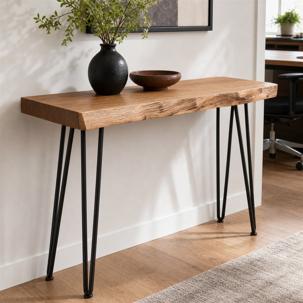 Live-Edge Console Table With Hairpin Steel Legs - finished material detail