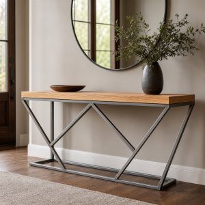 Entry Console With a Geometric Steel Diamond Base