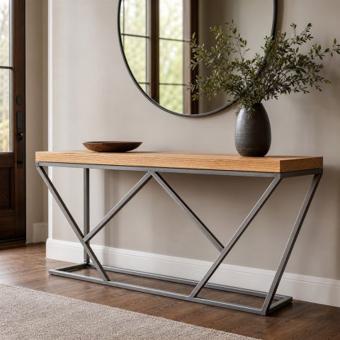 Entry Console With a Geometric Steel Diamond Base