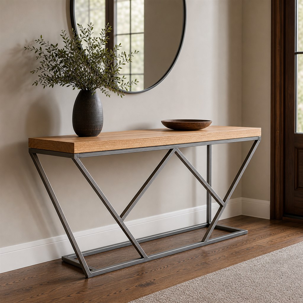 Entry Console With a Geometric Steel Diamond Base - alternate full view