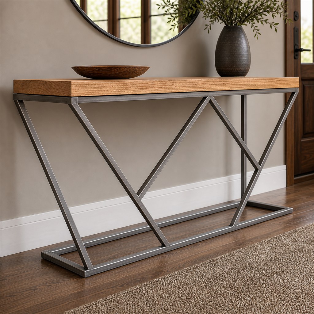Entry Console With a Geometric Steel Diamond Base - steel-frame detail