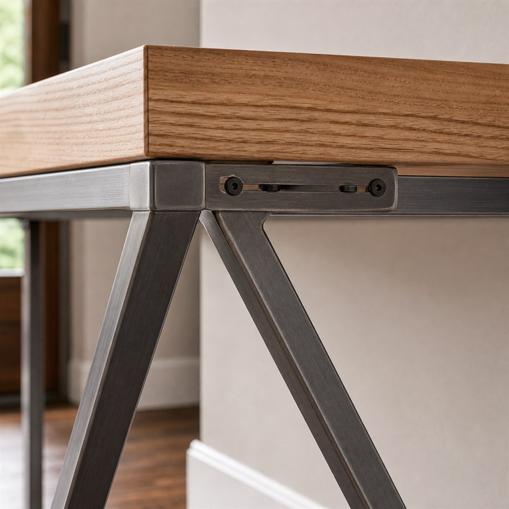 Entry Console With a Geometric Steel Diamond Base - wood-to-steel interface detail