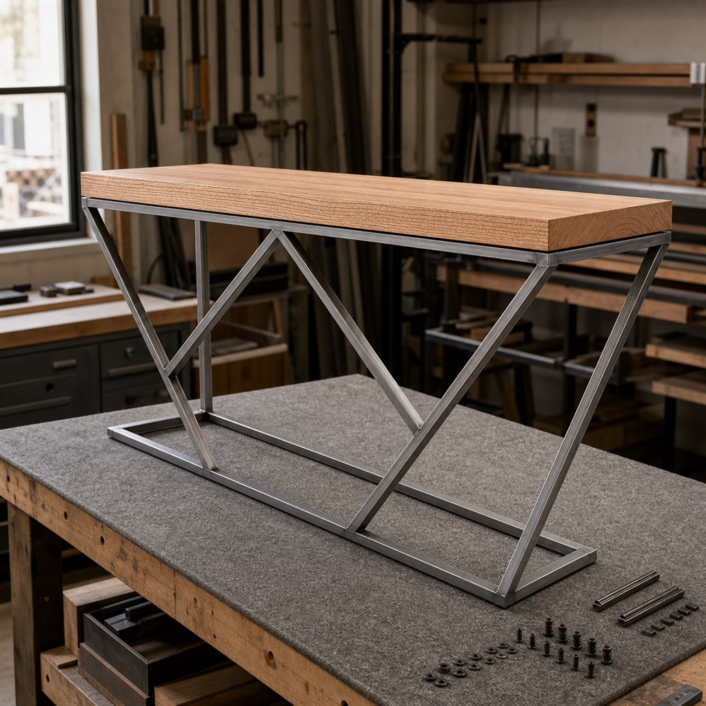 Entry Console With a Geometric Steel Diamond Base - workshop dry-assembly view