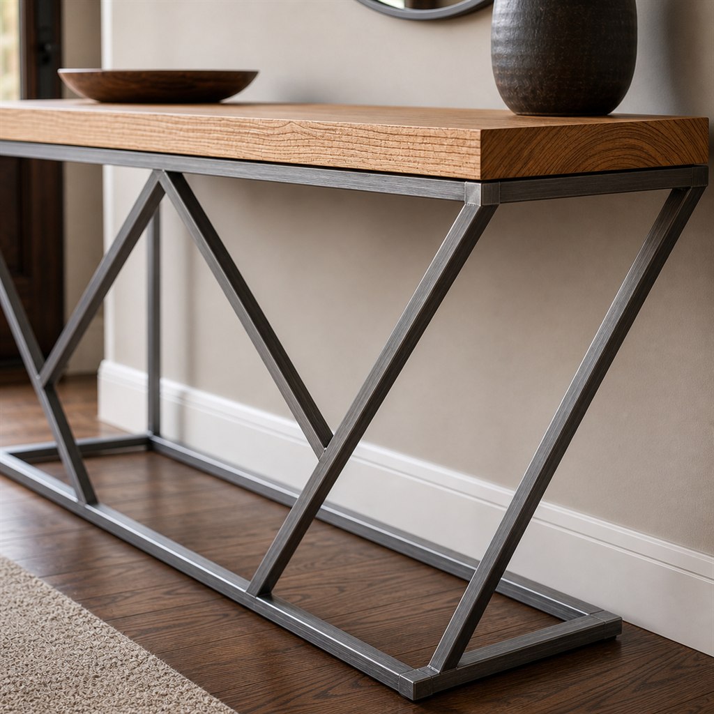 Entry Console With a Geometric Steel Diamond Base - finished material detail