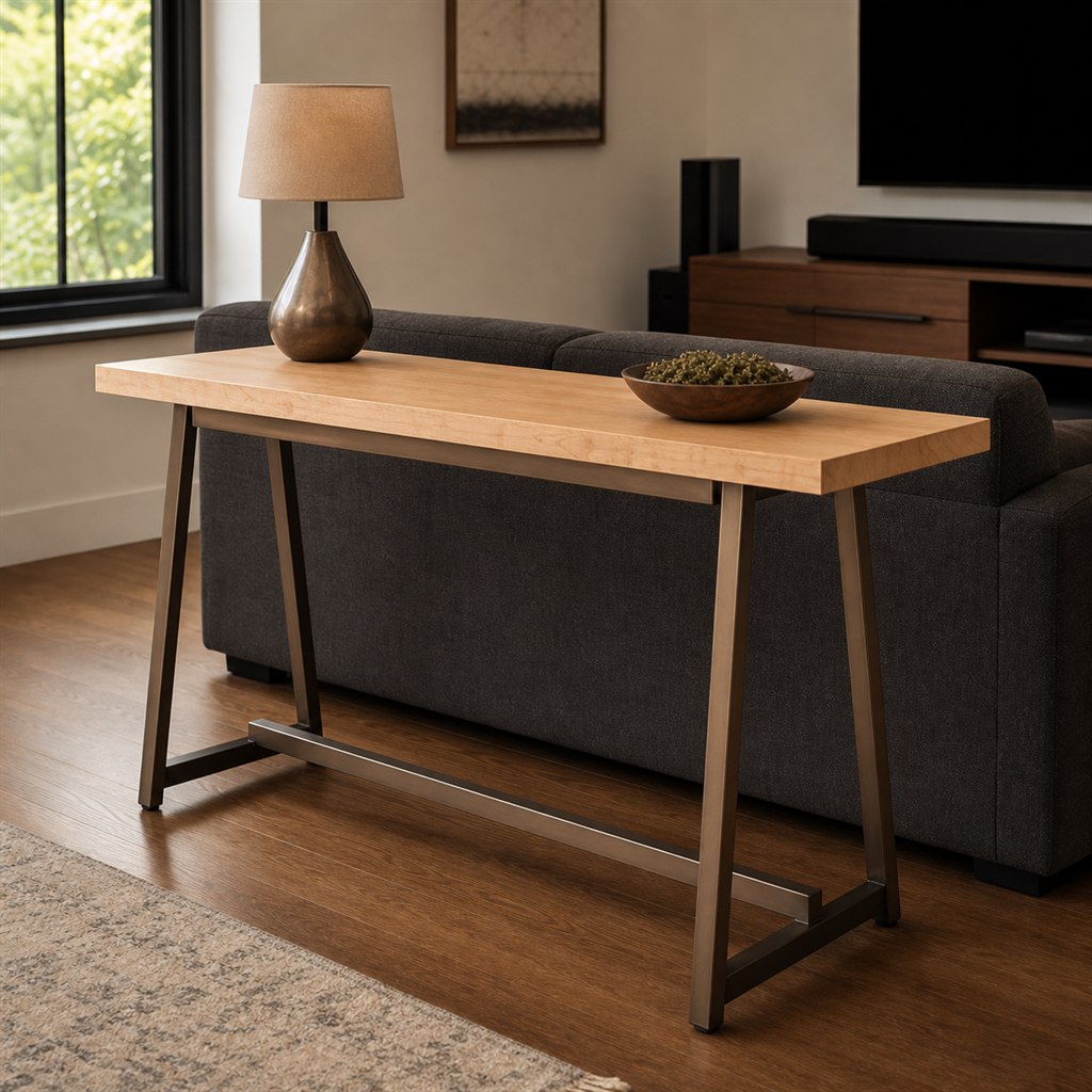 Sofa Table With a Narrow Steel Trestle Frame - alternate full view
