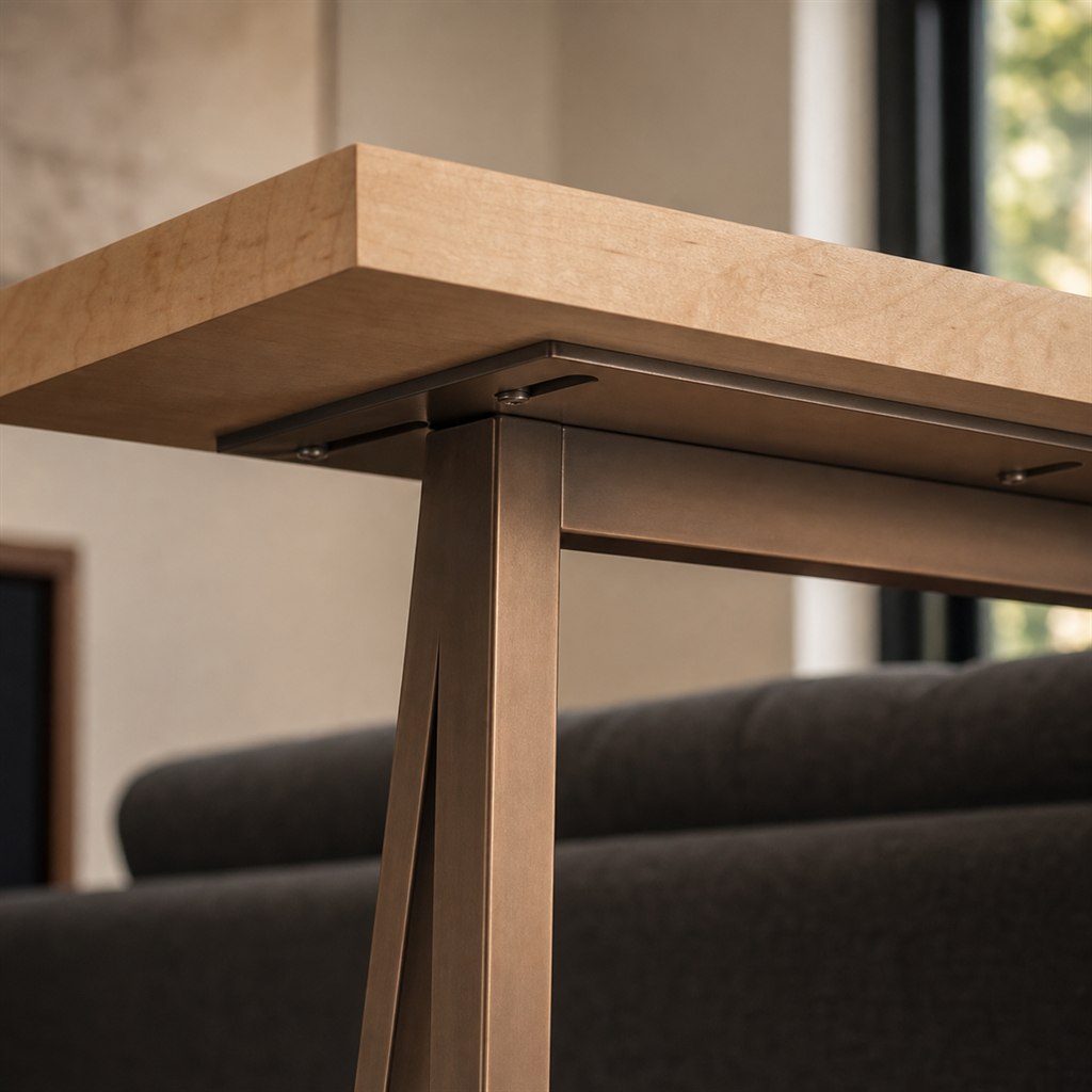Sofa Table With a Narrow Steel Trestle Frame - wood-to-steel interface detail