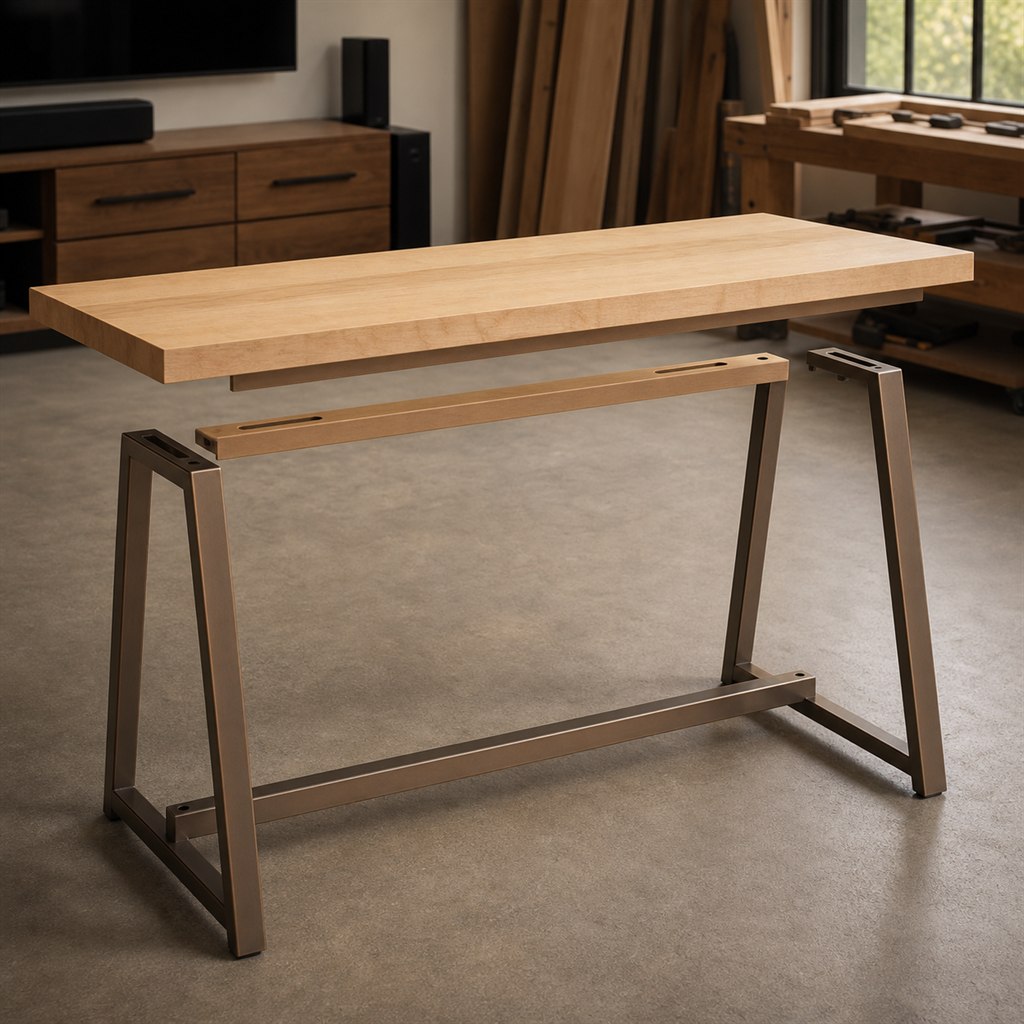 Sofa Table With a Narrow Steel Trestle Frame - workshop dry-assembly view