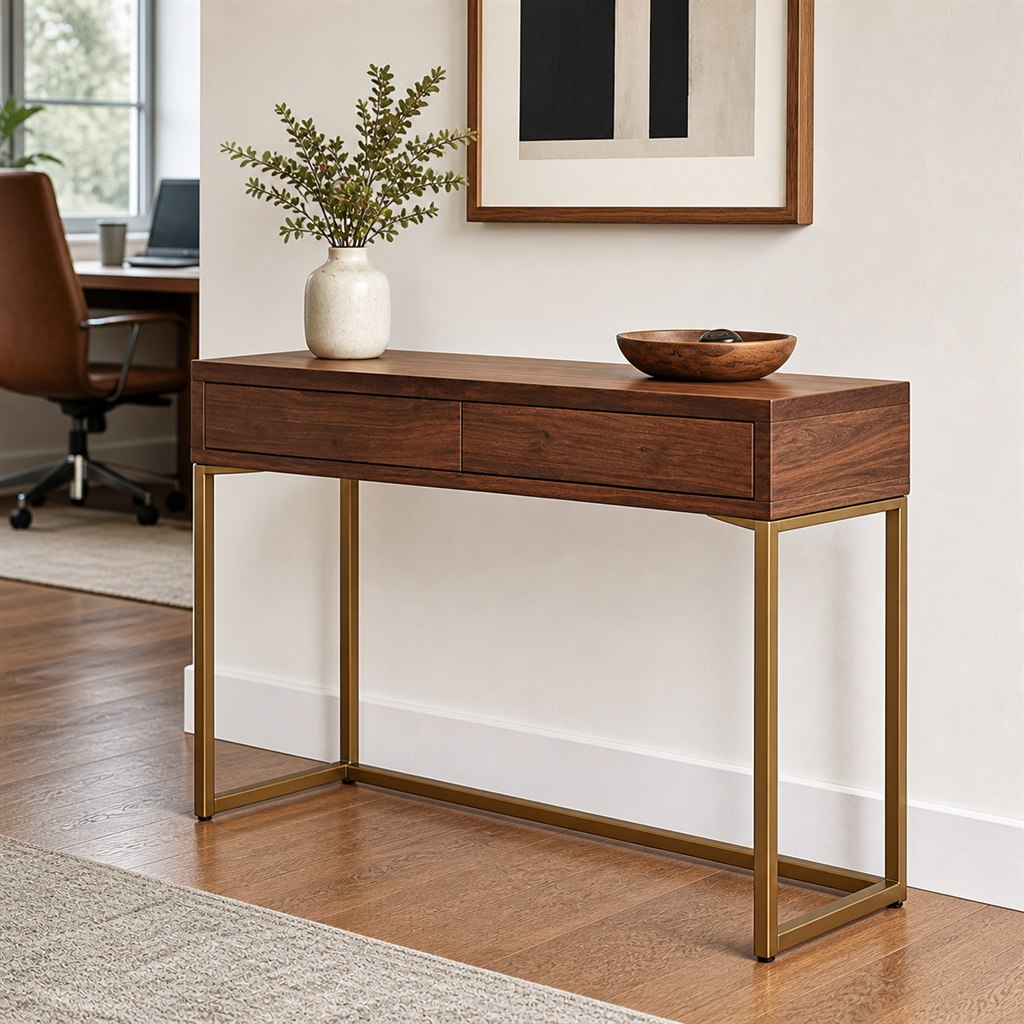 Hallway Console With Brass-Finish Steel Supports - alternate full view